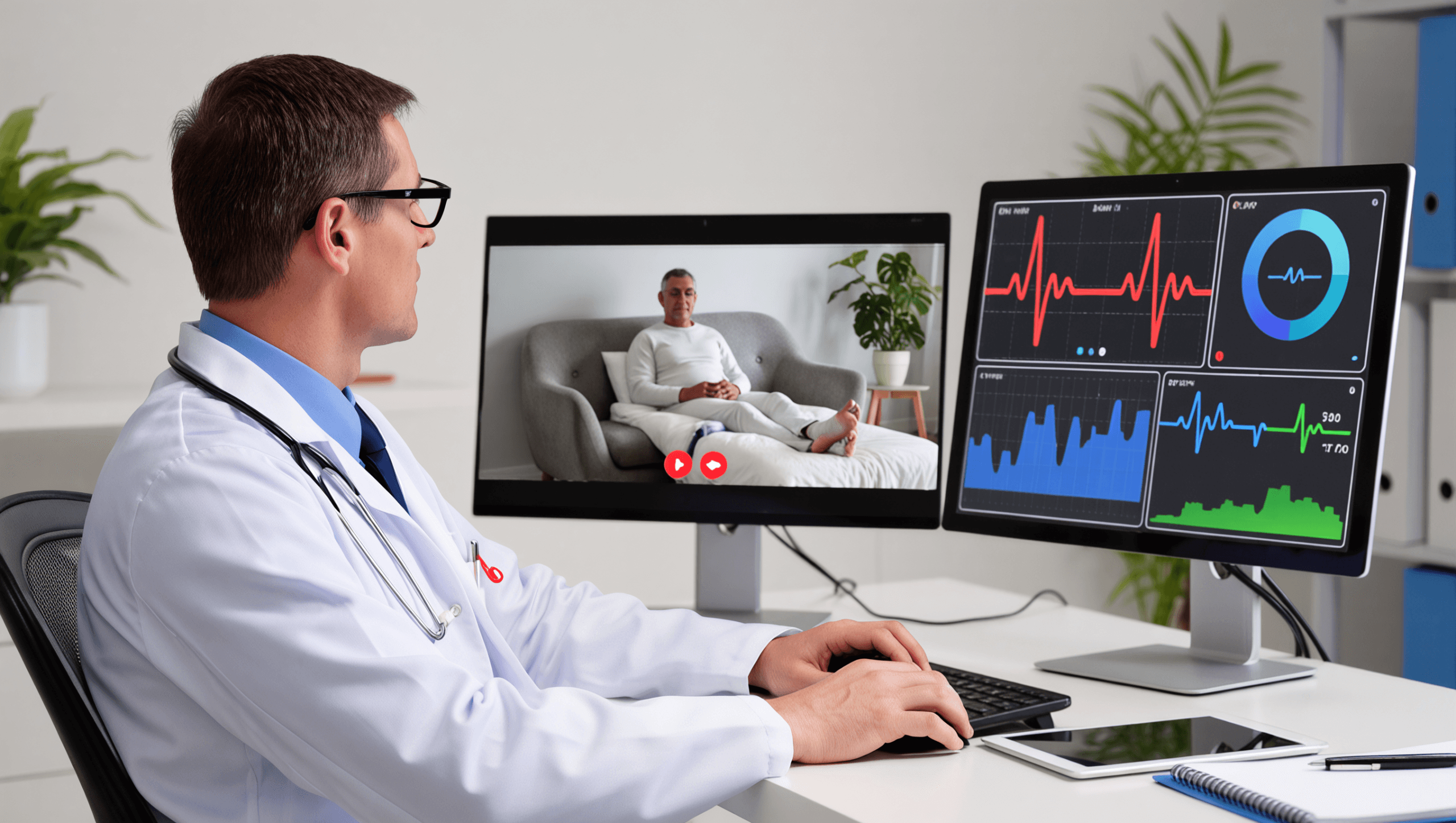 TDBC Chronic Condition Management: remote predictive biomarker monitoring for proactive care Doctor monitoring a patient with chronic conditions remotely using TDBC predictive biomarker data, showing health waveforms and alerts on digital screens while the patient rests at home.