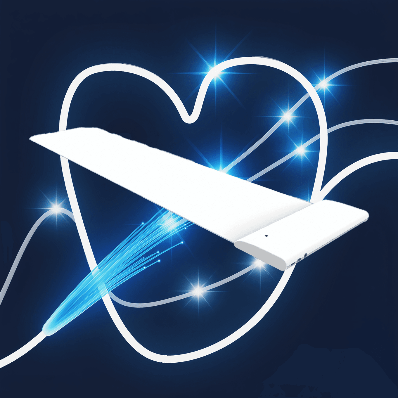 TDBC nFOPT Sensor - contactless digital biomarkers for predictive condition change nFOPT sensor with fiber optic and heart waveform background, representing TDBC contactless digital biomarker technology for predictive condition change alerts.