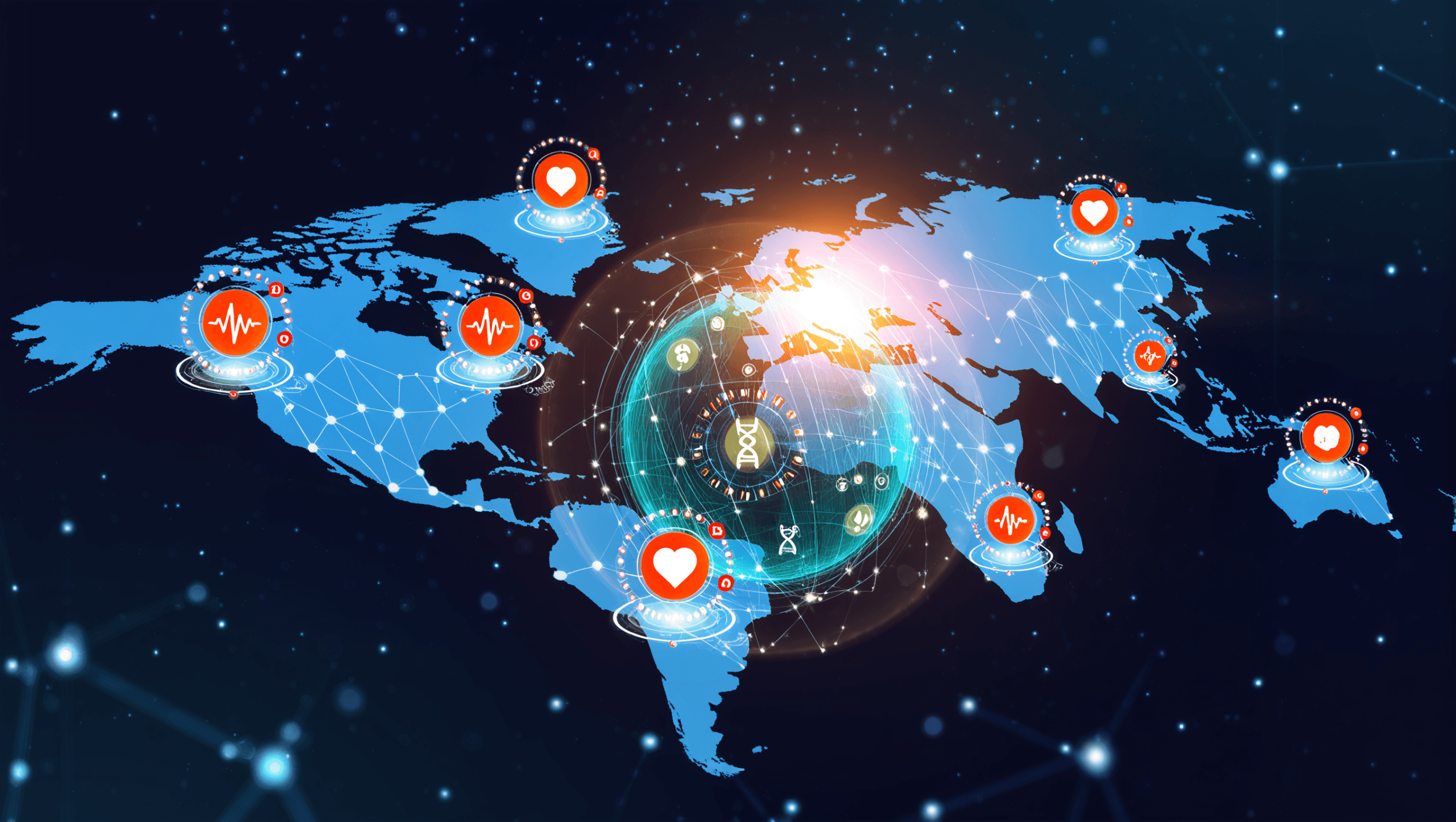 tdbc-predictive-biomarkers-global-health-ai Futuristic globe with biomarker waveforms and digital alert icons, symbolizing TDBC predictive condition change technology and AI health analytics on a global scale.
