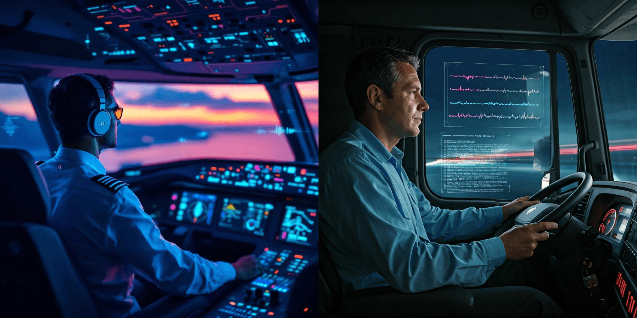 TDBC Safety Monitoring – Predictive biomarker alerts for pilots and truck drivers in safety-critical professions Composite image showing an airline pilot in a cockpit and a truck driver in a cab, both with predictive biomarker monitoring overlays, representing TDBC safety applications in aviation and transportation.