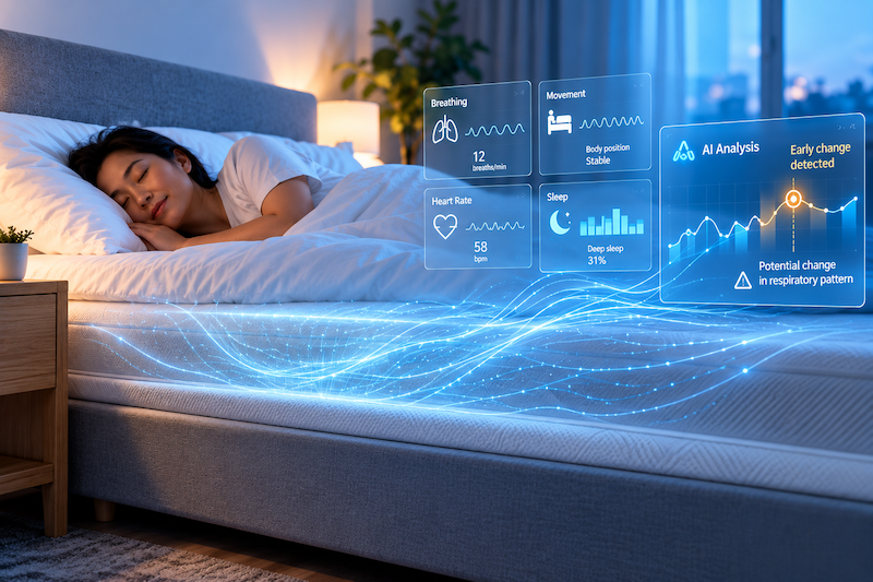 A TDBC nFOPT® sensor placed under a mattress and providing physiological data for analysis. 