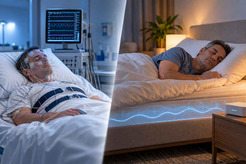 Traditional sleep center sleep apnea measurement requires many wires and sensors to be connected to the body. nFOPT®'s contactless physiological measurement means that screening can take place at home. 